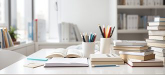 White table with books, stationery and copy space in blurred study room