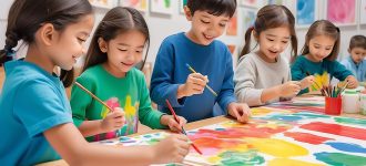 Smiling children painting creating joyful and colorful art generated by AI